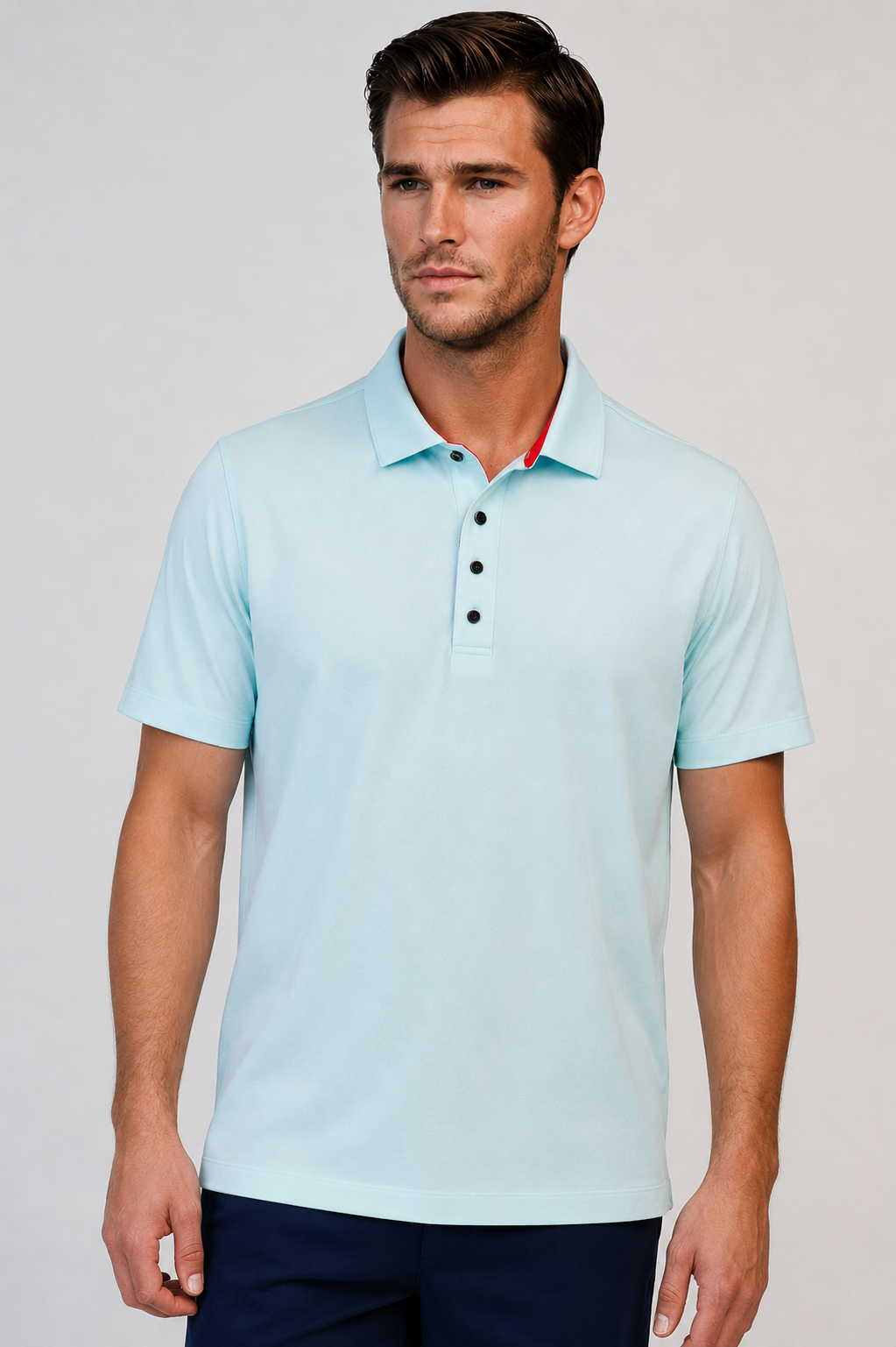 Man wearing the Buki Cinqo tech polo in Julep green