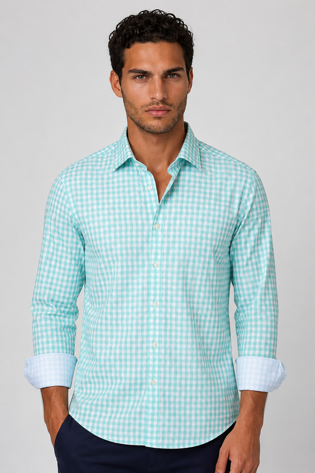 Mauro men's long sleeve check tech shirt in Emerald